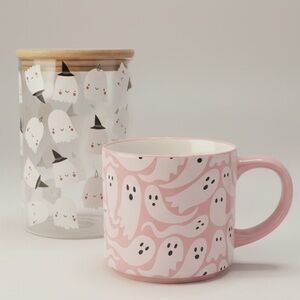 Cute Ghost Halloween Mug + Glass Canister With Wood Lid | Pink Coffee Mug Set